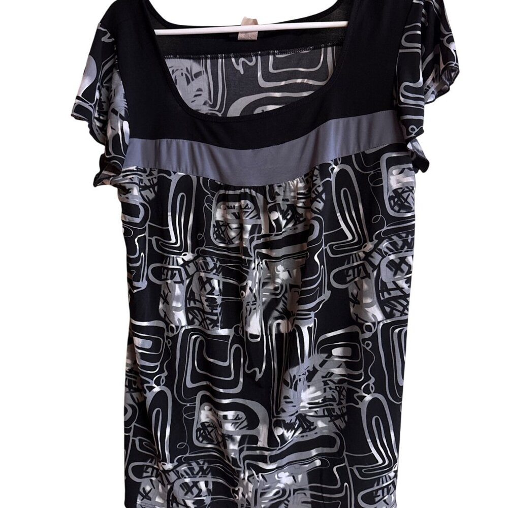Vintage Abstract Print Black & Gray Perception Women Short Sleeve Stretchy Top W